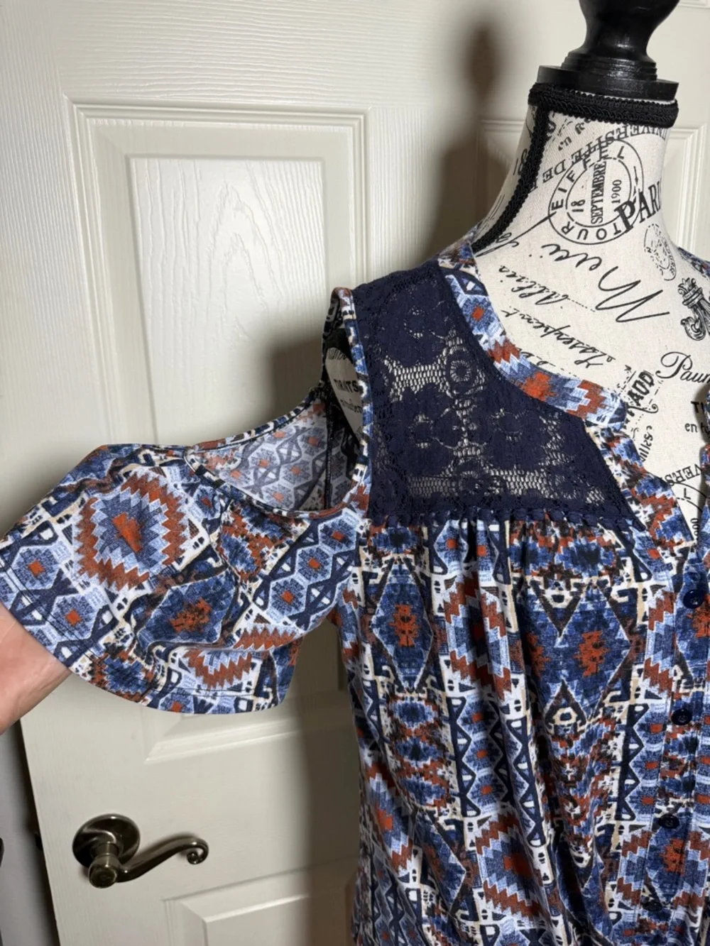 Absolutely Famous Women's Geometric Print Shirt - Blue and Orange - Picture 3 of 8